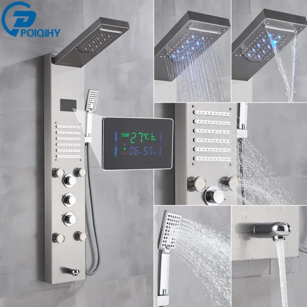 Black Bathroom Shower Panel Column Golden Rain Waterfall Shower Faucet Bidet Sprayer Tap SPA Massage Jet LED Bath Shower Set