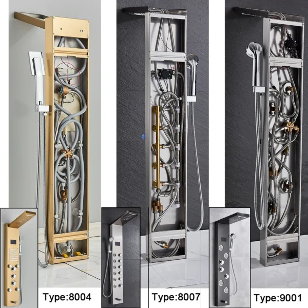 Black Bathroom Shower Panel Column Golden Rain Waterfall Shower Faucet Bidet Sprayer Tap SPA Massage Jet LED Bath Shower Set