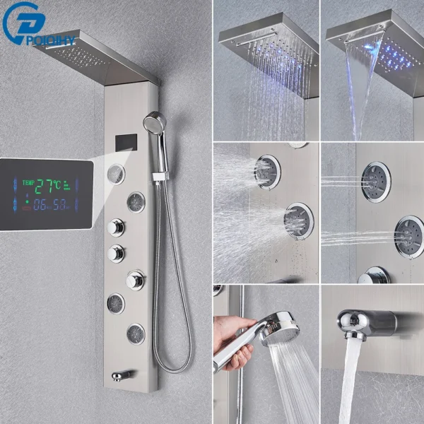 Black Bathroom Shower Panel Column Golden Rain Waterfall Shower Faucet Bidet Sprayer Tap SPA Massage Jet LED Bath Shower Set
