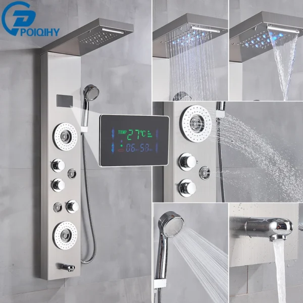 Black Bathroom Shower Panel Column Golden Rain Waterfall Shower Faucet Bidet Sprayer Tap SPA Massage Jet LED Bath Shower Set
