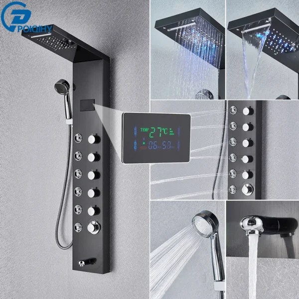 Black Bathroom Shower Panel Column Golden Rain Waterfall Shower Faucet Bidet Sprayer Tap SPA Massage Jet LED Bath Shower Set