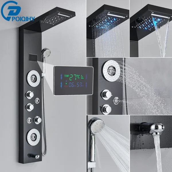 Black Bathroom Shower Panel Column Golden Rain Waterfall Shower Faucet Bidet Sprayer Tap SPA Massage Jet LED Bath Shower Set