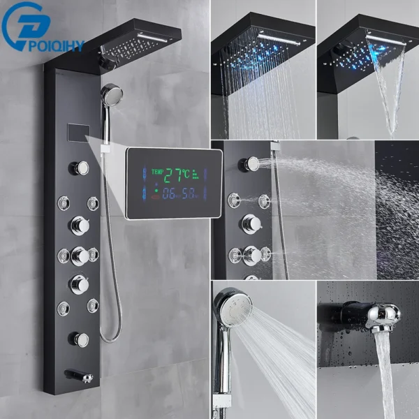 Black Bathroom Shower Panel Column Golden Rain Waterfall Shower Faucet Bidet Sprayer Tap SPA Massage Jet LED Bath Shower Set