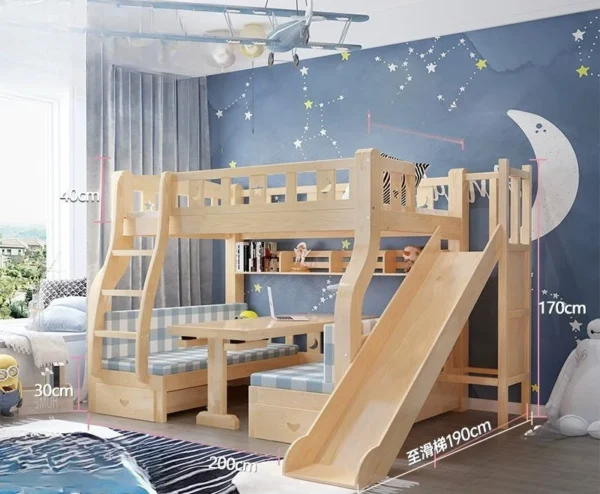 Solid Wood Bunk Beds for Children Bunk Beds with Desk Slides Wooden Beds for Children Raised Cribs with Mattresses سرير أطفال