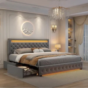 Bed Frame with 4 Storage Drawers, with Smart Control RGBW LED Lights Headboard Footboard, Control DIY Color, Box Sprin