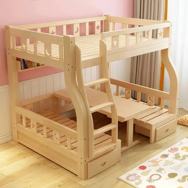 Solid Wood Bunk Beds for Children Bunk Beds with Desk Slides Wooden Beds for Children Raised Cribs with Mattresses سرير أطفال