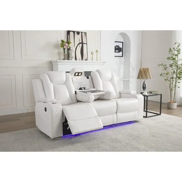 Power Reclining Sofa Set 3-2-1 with DDT, LED Strip, Reading Light, USB Charging Port, Cup Holders, Storage, White Color
