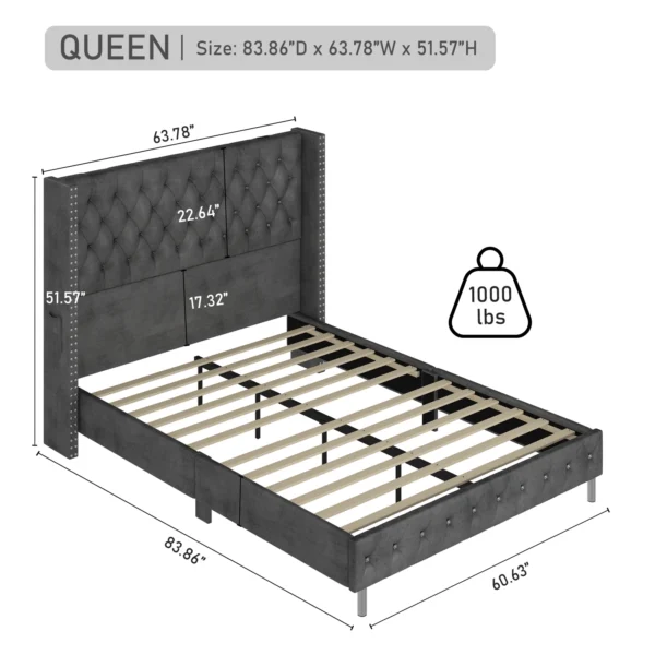 Bed Frame Queen Size with Wingback Headboard & LED Lights & Charging Station Modern Upholstered Platform with Diamond Button Tuf