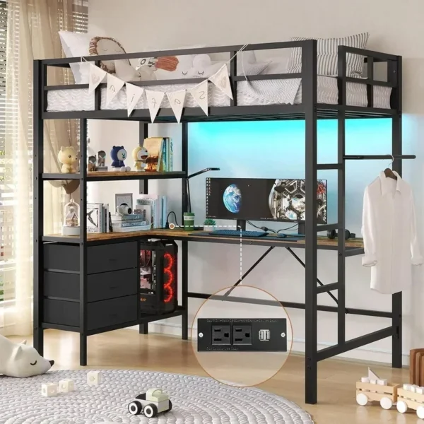 Loft Bed with L-Shaped Desk, LED Lights, Charging Station, Storage Shelves, and Fabric Drawers Bedroom Set Bunk Beds Furniture