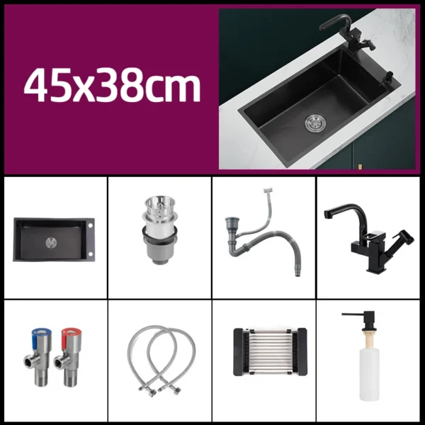 Black 304 Stainless Steel Kitchen Sink Single Bowl Undermount/Drop-In Washing Basin For Kitchen with Drainage Faucet Accessories