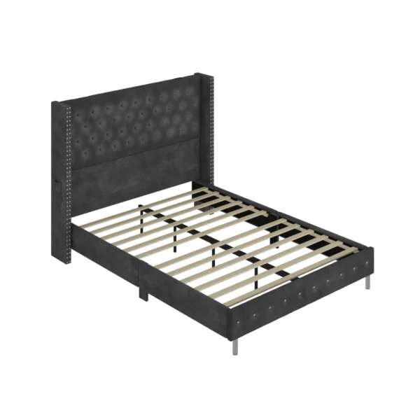 Bed Frame Queen Size with Wingback Headboard & LED Lights & Charging Station Modern Upholstered Platform with Diamond Button Tuf