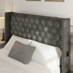 Bed Frame Queen Size with Wingback Headboard & LED Lights & Charging Station Modern Upholstered Platform with Diamond Button Tuf