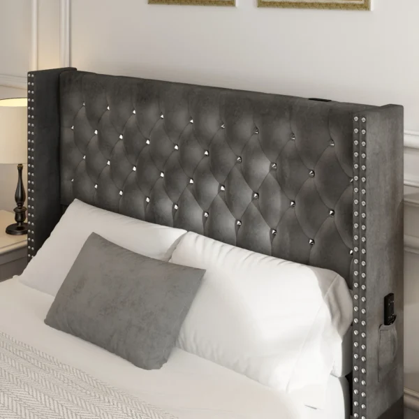 Bed Frame Queen Size with Wingback Headboard & LED Lights & Charging Station Modern Upholstered Platform with Diamond Button Tuf
