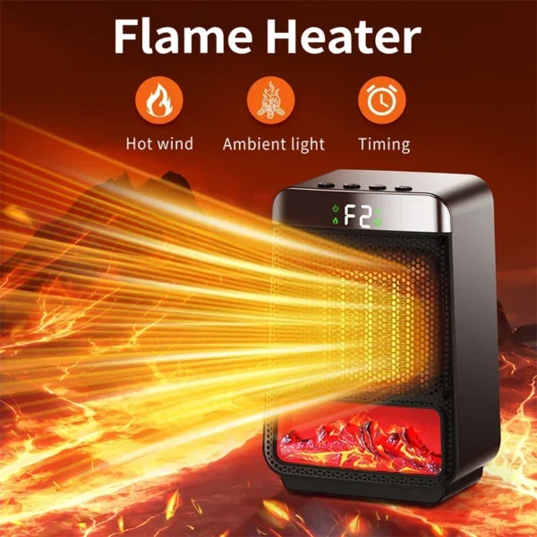 3D Flame Electric Fireplace Heater PTC Ceramic Energy Saving Fast Heating Timer Silent for Home Office Decorative Design