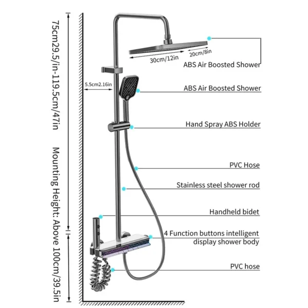 12 Inch Shower Set Digital Display LED Wall Mounted Hot & Cold Faucet Mixer Rain Shower Bathroom Smart Shower Set
