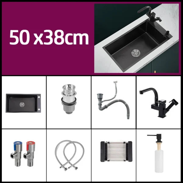 Black 304 Stainless Steel Kitchen Sink Single Bowl Undermount/Drop-In Washing Basin For Kitchen with Drainage Faucet Accessories