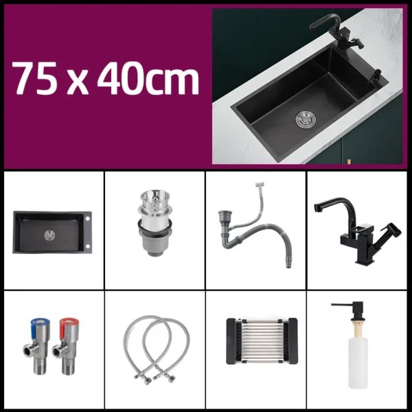 Black 304 Stainless Steel Kitchen Sink Single Bowl Undermount/Drop-In Washing Basin For Kitchen with Drainage Faucet Accessories