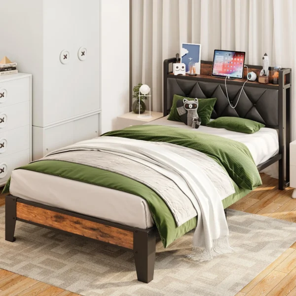 ANCTOR Bed Frames, Twin Queen CaliforniaKing Size Storage Headboard Outlets Easy Install Sturdy Stable, No Noise No Box Springs