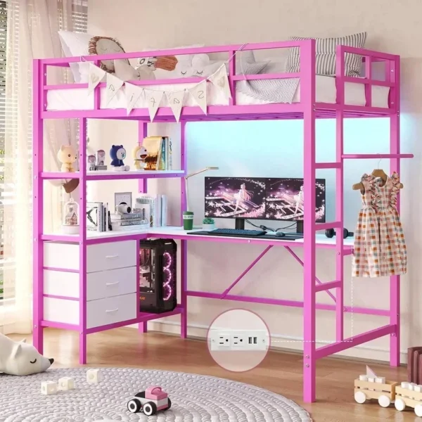 Loft Bed with L-Shaped Desk, LED Lights, Charging Station, Storage Shelves, and Fabric Drawers Bedroom Set Bunk Beds Furniture