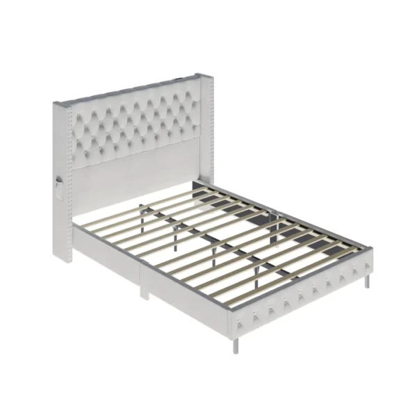 Bed Frame Queen Size with Wingback Headboard & LED Lights & Charging Station Modern Upholstered Platform with Diamond Button Tuf