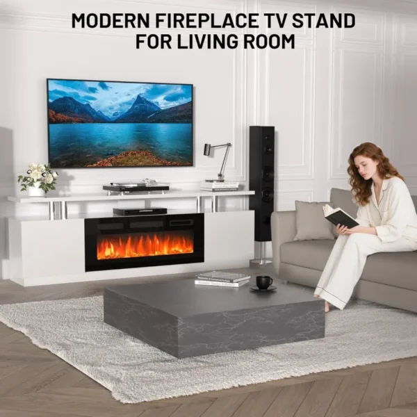 70'' Fireplace TV Stand Entertainment Center with 36'' Electric Fireplace Heater featuring LED Light and 12 Flame Colors DualTi