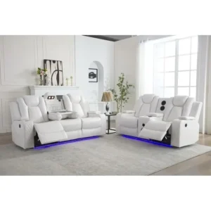 Power Reclining Sofa Set 3-2-1 with DDT, LED Strip, Reading Light, USB Charging Port, Cup Holders, Storage, White Color
