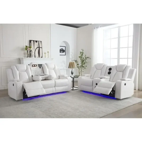 Power Reclining Sofa Set 3-2-1 with DDT, LED Strip, Reading Light, USB Charging Port, Cup Holders, Storage, White Color