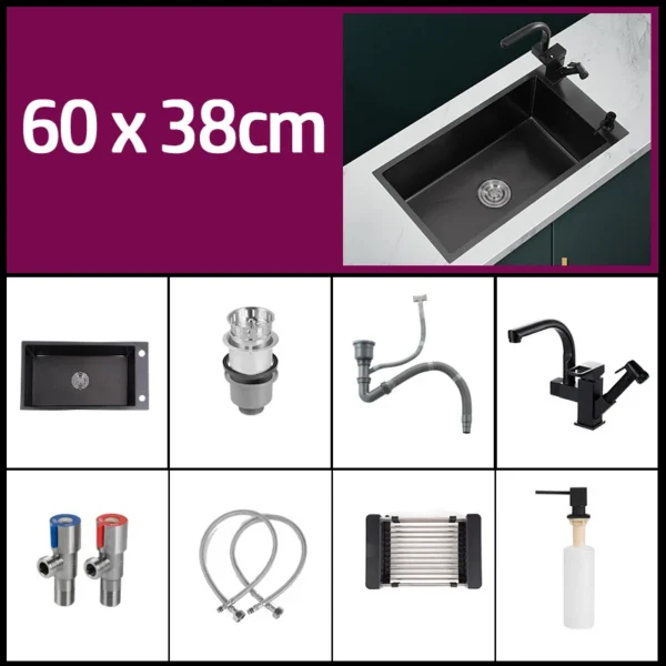 Black 304 Stainless Steel Kitchen Sink Single Bowl Undermount/Drop-In Washing Basin For Kitchen with Drainage Faucet Accessories