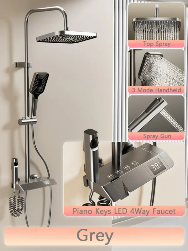 Black Shower System Set Bathroom Brass Showers Faucet Sets Digital 4 Way LED Rain Bathtub Hot Cold Piano Key Rainfall Shower Set