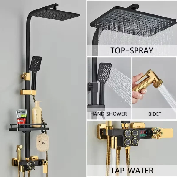 4-Function Button Digital Display Shower Faucet Set Chrome Rain Shower Column Constant Temperature Shower Wall Mounted