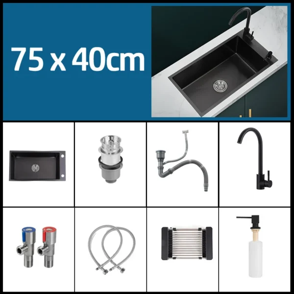 Black 304 Stainless Steel Kitchen Sink Single Bowl Undermount/Drop-In Washing Basin For Kitchen with Drainage Faucet Accessories