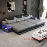 Modern L-Shaped Sectional Sofa Bed with Adjustable Headrests & LED Lights, Genuine Leather Recliner Couch with Storage & USB