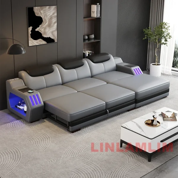 Modern L-Shaped Sectional Sofa Bed with Adjustable Headrests & LED Lights, Genuine Leather Recliner Couch with Storage & USB