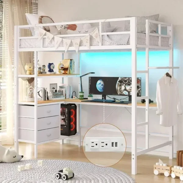 Loft Bed with L-Shaped Desk, LED Lights, Charging Station, Storage Shelves, and Fabric Drawers Bedroom Set Bunk Beds Furniture