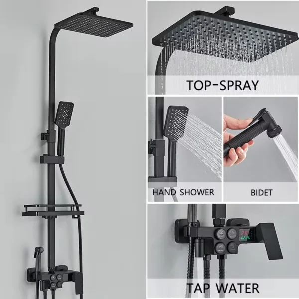 4-Function Button Digital Display Shower Faucet Set Chrome Rain Shower Column Constant Temperature Shower Wall Mounted