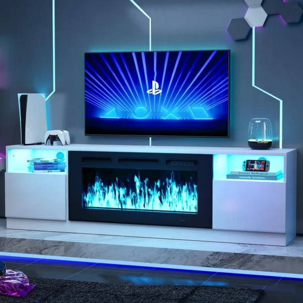 70" Fireplace TV Stand for TVs Up to 80", LED Light Entertainment Center with 36" Electric Fireplace, Modern Wood Texture