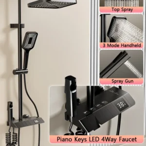 Black Shower System Set Bathroom Brass Showers Faucet Sets Digital 4 Way LED Rain Bathtub Hot Cold Piano Key Rainfall Shower Set