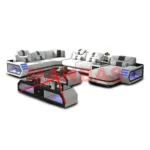 MANBAS Italian Genuine Leather Sectional Sofa with LED Lights | Futuristic Furniture U Shape Couch Living Room Big Sofas Set