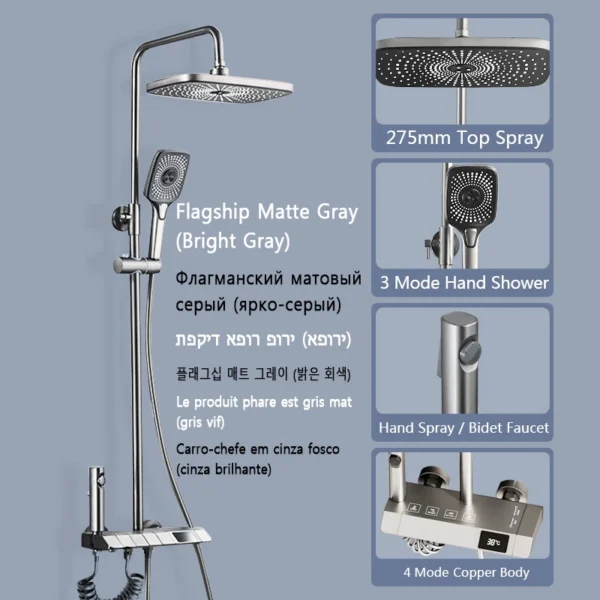 Black Shower System Set Bathroom Brass Showers Faucet Sets Digital 4 Way LED Rain Bathtub Hot Cold Piano Key Rainfall Shower Set