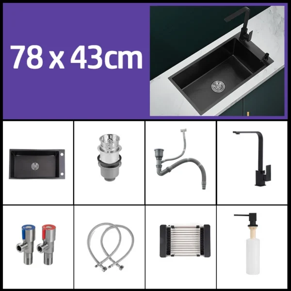Black 304 Stainless Steel Kitchen Sink Single Bowl Undermount/Drop-In Washing Basin For Kitchen with Drainage Faucet Accessories