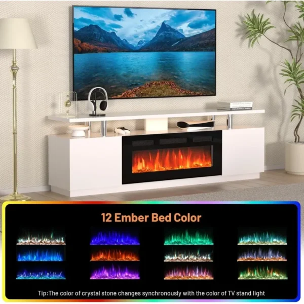 70'' Fireplace TV Stand Entertainment Center with 36'' Electric Fireplace Heater featuring LED Light and 12 Flame Colors DualTi