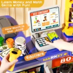 Pretend Play Calculator Cash Register Toys Supermarket Shop Cashier Registers with Scanner Credit Card Birthday Gifts for Kids