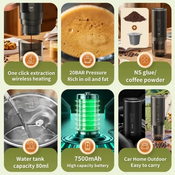 Wireless Electric Espresso Coffee Machine for Car & Home Camping Portable Coffee Maker 2-in-1 Capsule Powder Travel Coffee Maker